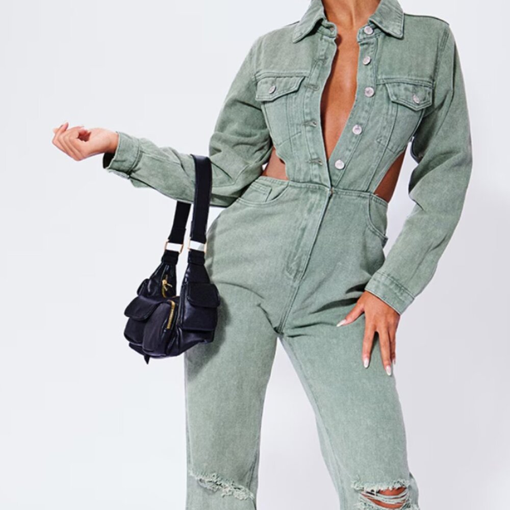 Pretty Little Thing Petite Vintage Wash Denim Cut Out Waist Jumpsuit